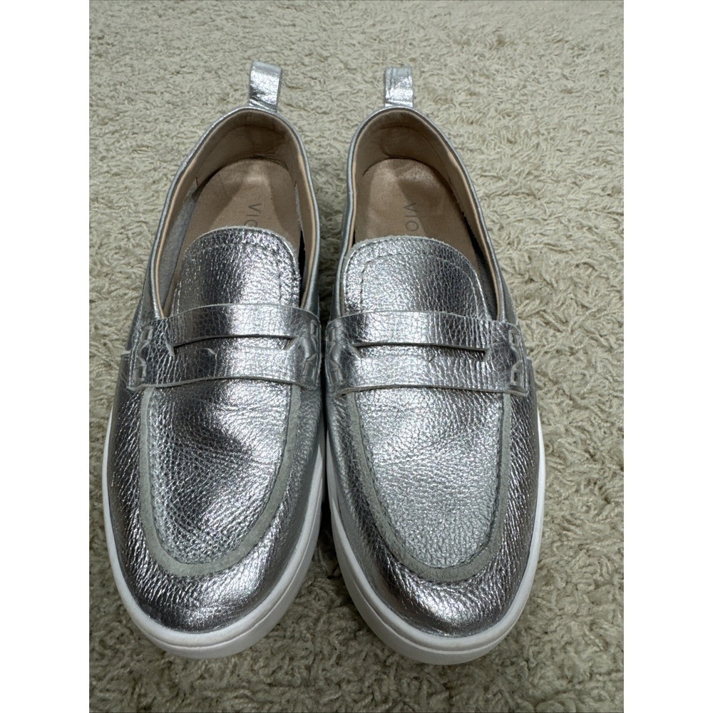 Vionic Uptown Silver Metallic Leather Slip On Comfort Loafers Women's 7M Bling